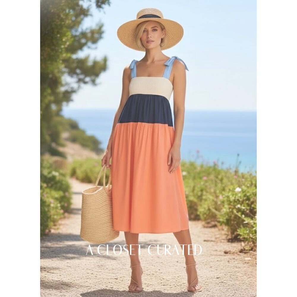Paper London Laura Colorblock Midi Dress NWT Orange Blue White 8 (UK 12)